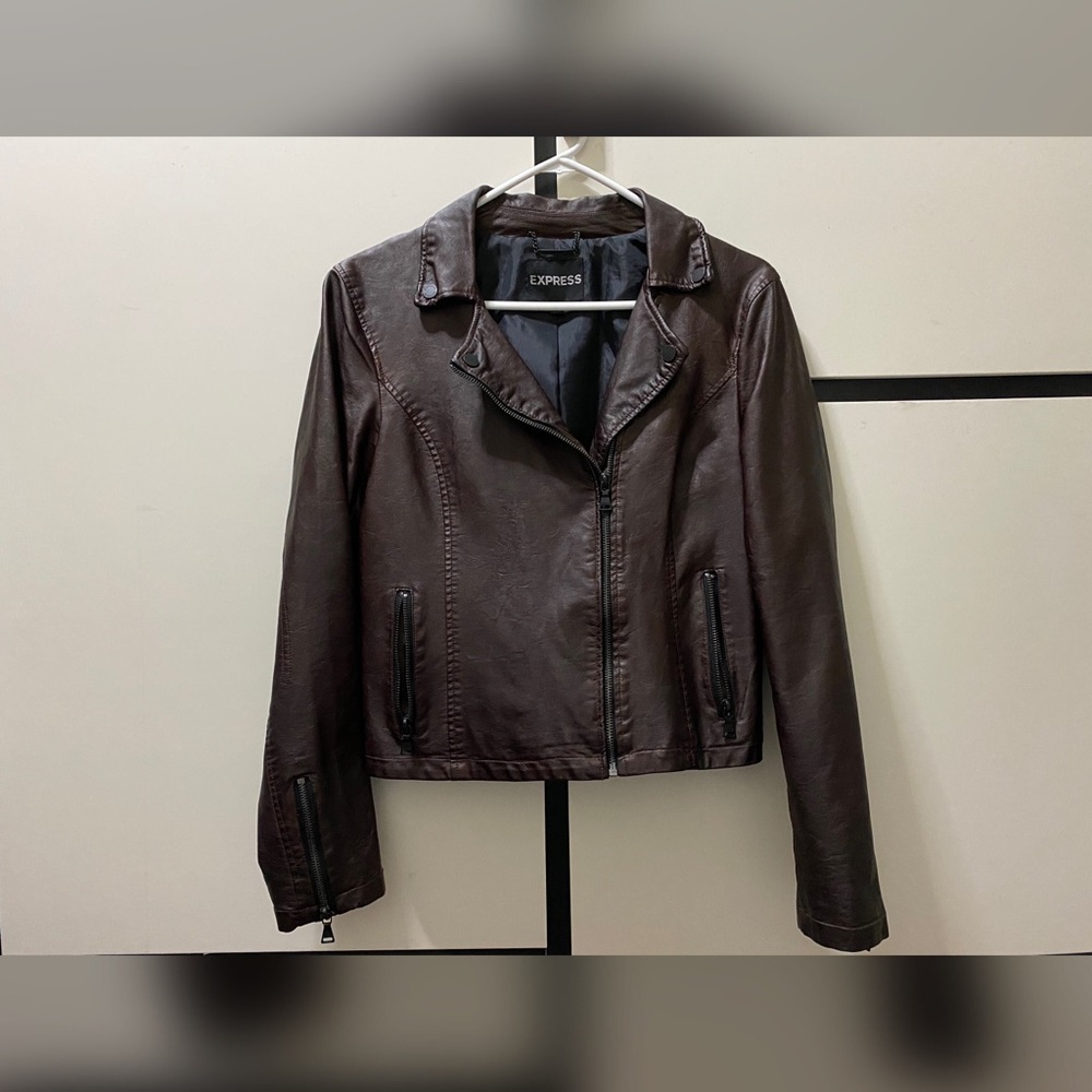 Express Leather Biker Jacket - Brown - Medium 🧥